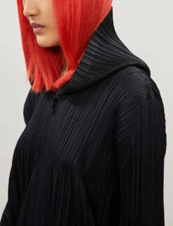 Open-front Pleated Knitted Jersey Hoody -Selfridges Store 1050 78050774 PP98JC401 BLACK ALT03