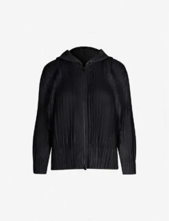 Open-front Pleated Knitted Jersey Hoody