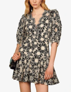 Sandro Audrey Floral-embroidered Cotton Mini Dress -Selfridges Store R03697082 NOIRGRIS ALT03