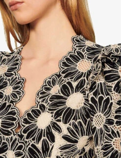 Sandro Audrey Floral-embroidered Cotton Mini Dress -Selfridges Store R03697082 NOIRGRIS ALT04