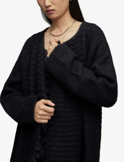 AllSaints Selena Fringe-embellished Alpaca-wool-blend Cardigan -Selfridges Store R03758953 BLACK ALT02