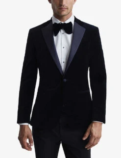 Reiss Ace Single-breasted Stretch-velvet Blazer -Selfridges Store R03924671 NAVY ALT02
