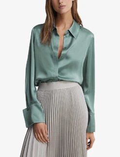 Reiss Hailey Point-collar Silk Shirt -Selfridges Store R03936913 SAGE ALT02