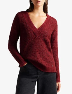 Ted Baker Jackeiy V-neckline Stretch-knit Jumper -Selfridges Store R03999036 RED ALT02