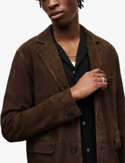 AllSaints Hoku Regular Fit Notch-lapel Suede Blazer -Selfridges Store R04063293 CHOCOLATEBROW ALT04