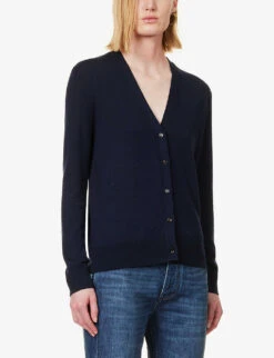 Bottega Veneta V-neck Brand-embroidered Wool Cardigan -Selfridges Store R04064610 MIDNIGHTBLUE ALT02