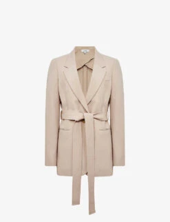 Reiss Lylah Belted Wool And Linen-blend Blazer