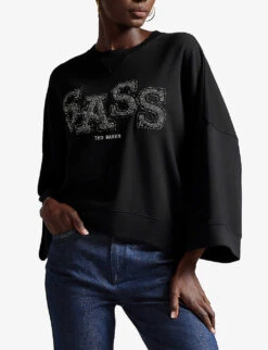 Ted Baker Sassi Metallic Slogan-appliqué Stretch-jersey Sweatshirt -Selfridges Store R04071388 BLACK ALT02