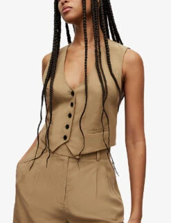 AllSaints Deri Lyn Recycled Polyester-lined Woven Waistcoat -Selfridges Store R04080474 LIGHTKHAKIBR ALT04