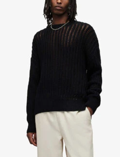 AllSaints Reese Open Woven-pattern Organic-cotton Jumper -Selfridges Store R04081374 BLACK ALT02