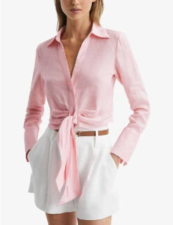 Reiss Dahlia Point-collar Tie-waist Linen Shirt -Selfridges Store R04082353 PINK ALT02