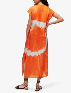 AllSaints Tie-dye-print Silk-blend Maxi Dress -Selfridges Store R04082723 ORANGETIEDYE ALT03