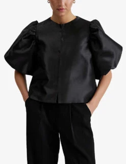 By Malina Cleo Balloon-sleeve Satin Blouse -Selfridges Store R04087776 BLACK ALT02