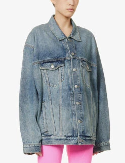 Balenciaga Logo-pattern Distressed Denim Jacket 7 Balenciaga Logo-pattern Distressed Denim Jacket -Selfridges Store R04100080 SUNBLEACHEDBLUE ALT02