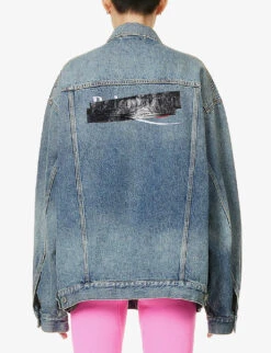 Balenciaga Logo-pattern Distressed Denim Jacket 8 Balenciaga Logo-pattern Distressed Denim Jacket -Selfridges Store R04100080 SUNBLEACHEDBLUE ALT03