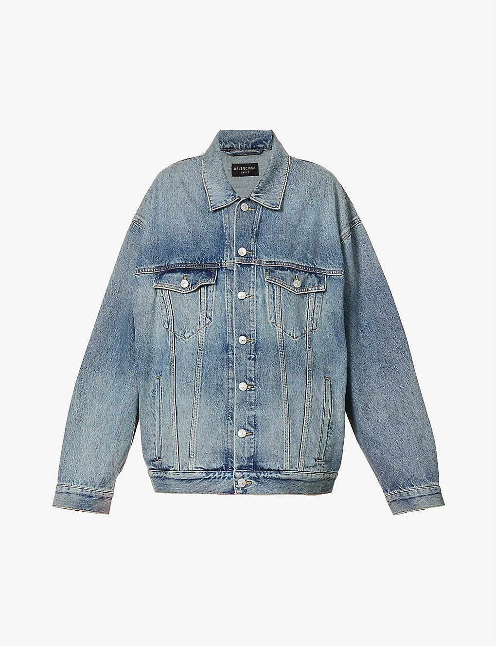 Balenciaga Logo-pattern Distressed Denim Jacket 1 Balenciaga Logo-pattern Distressed Denim Jacket
