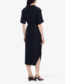 Sandro Clarance Draped Asymmetric Woven Midi Dress -Selfridges Store R04102230 NOIRGRIS ALT03