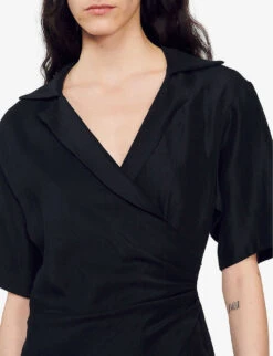 Sandro Clarance Draped Asymmetric Woven Midi Dress -Selfridges Store R04102230 NOIRGRIS ALT04