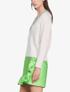 Sandro Aubin Logo-embroidered V-neck Wool-blend Jumper -Selfridges Store R04102263 NATURELS ALT02