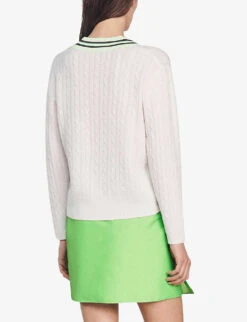 Sandro Aubin Logo-embroidered V-neck Wool-blend Jumper -Selfridges Store R04102263 NATURELS ALT03