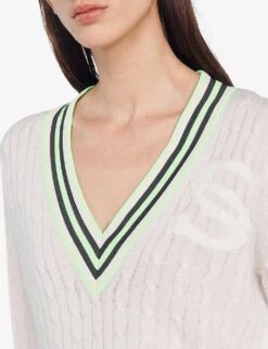 Sandro Aubin Logo-embroidered V-neck Wool-blend Jumper -Selfridges Store R04102263 NATURELS ALT04