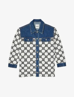 Sandro Monogram-intarsia Tweed-knit And Denim Jacket
