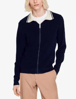 Sandro Striped-collar Zip-up Stretch-knitted Cardigan -Selfridges Store R04102352 BLEUS ALT02