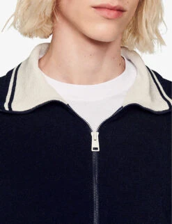 Sandro Striped-collar Zip-up Stretch-knitted Cardigan -Selfridges Store R04102352 BLEUS ALT04