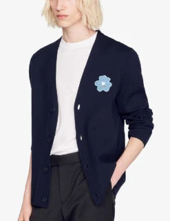 Sandro Flower-print V-neck Stretch-knit Cardigan -Selfridges Store R04102436 BLEUS ALT02