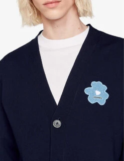 Sandro Flower-print V-neck Stretch-knit Cardigan -Selfridges Store R04102436 BLEUS ALT04