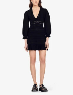 Sandro Ombre Balloon-sleeved V-neck Stretch-knit Mini Dress -Selfridges Store R04102489 NOIRGRIS ALT02
