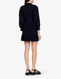 Sandro Ombre Balloon-sleeved V-neck Stretch-knit Mini Dress -Selfridges Store R04102489 NOIRGRIS ALT03