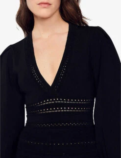 Sandro Ombre Balloon-sleeved V-neck Stretch-knit Mini Dress -Selfridges Store R04102489 NOIRGRIS ALT04