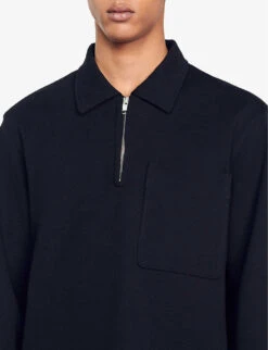 Sandro Zipped Long-sleeved Cotton Polo Shirt -Selfridges Store R04102621 NOIRGRIS ALT04