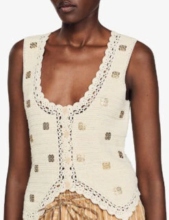Sandro Embellished-crochet Pattern Woven Top -Selfridges Store R04102680 NATURELS ALT04