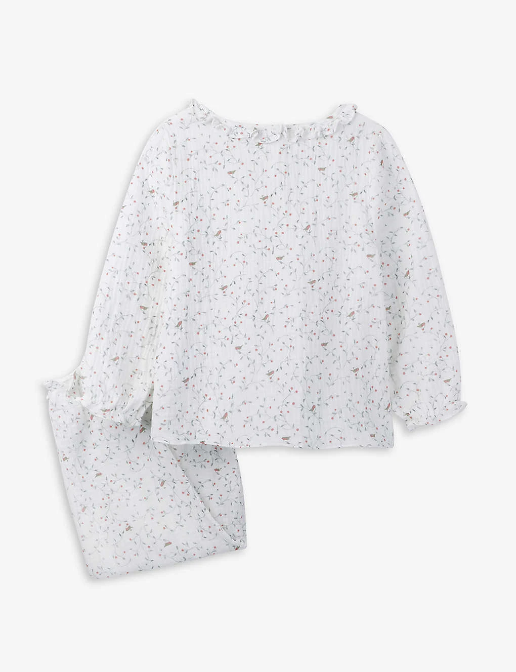 Floral Robin-print Frilled-trim Cotton Pyjamas 7-12 Years 2 Floral Robin-print Frilled-trim Cotton Pyjamas 7-12 Years - Image 2