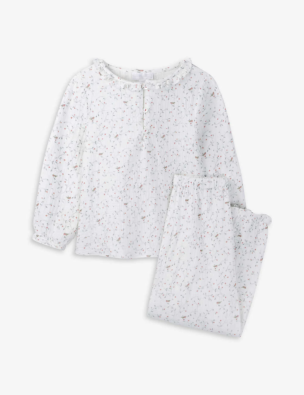 Floral Robin-print Frilled-trim Cotton Pyjamas 7-12 Years 1 Floral Robin-print Frilled-trim Cotton Pyjamas 7-12 Years