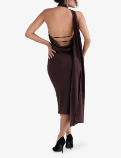 Angelina Wrap-neck Satin Midi Dress -Selfridges Store R04110068 CHOCOLATE ALT03