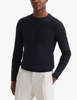 Reiss Arran Crewneck Cable Knitted Jumper -Selfridges Store R04116738 NAVY ALT02