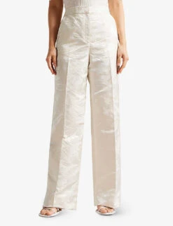 Ted Baker Floral-print Wide-leg High-rise Jacquard Trousers -Selfridges Store R04126378 NATURAL ALT02