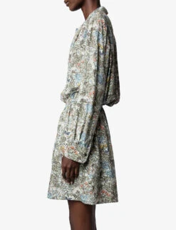 Zadig & Voltaire Rinka Floral-print Flounced-skirt Woven Mini Dress -Selfridges Store R04126794 KAKI ALT02