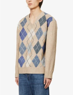 Bottega Veneta Diamond-patterned V-neck Leather Jumper -Selfridges Store R04129502 CAMELGREYBLUE ALT02