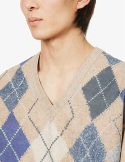 Bottega Veneta Diamond-patterned V-neck Leather Jumper -Selfridges Store R04129502 CAMELGREYBLUE ALT04