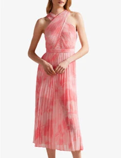 Ted Baker Mirelia Cross-front Pleated Woven Midi Dress -Selfridges Store R04129702 CORAL ALT02