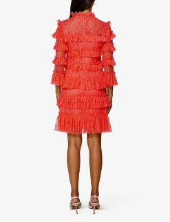 By Malina Carmine Ruffle-trim Woven Mini Dress -Selfridges Store R04133196 CORAL ALT02