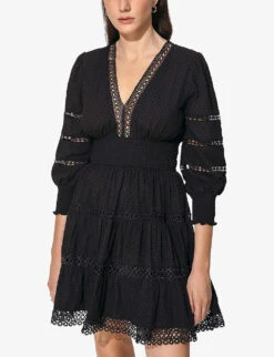 By Malina Inez V-neck Cotton Mini Dress -Selfridges Store R04133207 BLACK ALT02