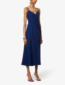 Alexander McQueen V-neck Draped Woven Midi Dress 7 Alexander McQueen V-neck Draped Woven Midi Dress -Selfridges Store R04136265 MIDNIGHTBLUE ALT02