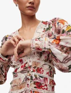 AllSaints Zora Leondra Floral-print Lace-trim Woven Mini Dress -Selfridges Store R04136395 PEARLMULTI ALT04