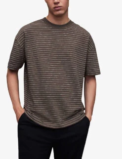 AllSaints Keaton Striped-pattern Organic-cotton T-shirt 7 AllSaints Keaton Striped-pattern Organic-cotton T-shirt -Selfridges Store R04143620 BROWNSTONETA ALT02