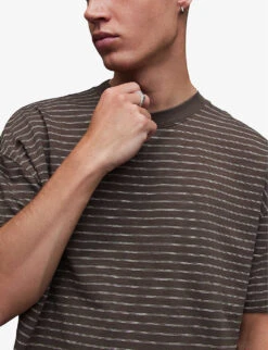 AllSaints Keaton Striped-pattern Organic-cotton T-shirt 9 AllSaints Keaton Striped-pattern Organic-cotton T-shirt -Selfridges Store R04143620 BROWNSTONETA ALT04